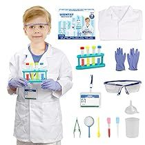 a young boy in white lab coat and glasses holding up a kit with toothbrushes