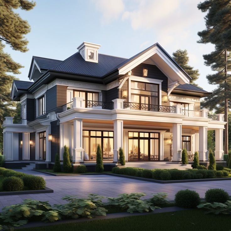 an artist's rendering of a large house in the evening