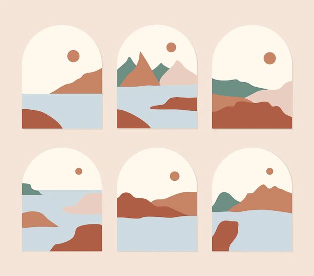 four different images of mountains and water with the sun in the sky above them, on a pink background