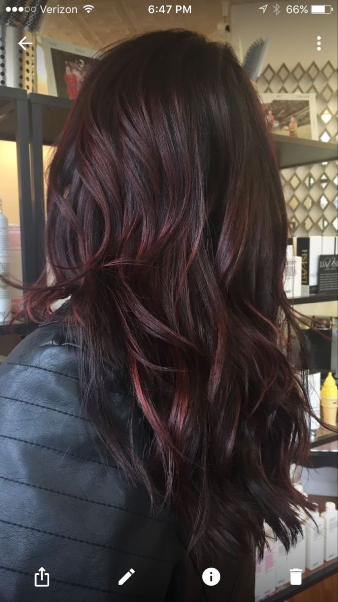 Dark Red Low Lights For Brown Hair, Red And Blonde Highlights On Dark Hair Fall Brunettes, Brunette Hair Red Tint, Mohagany Hair Color With Highlights, Dark Brown Red Lowlights, Dark Balayage Red Tones, Dark With Red Hair, Long Hair With Red Highlights, Red Tone Brunette Hair