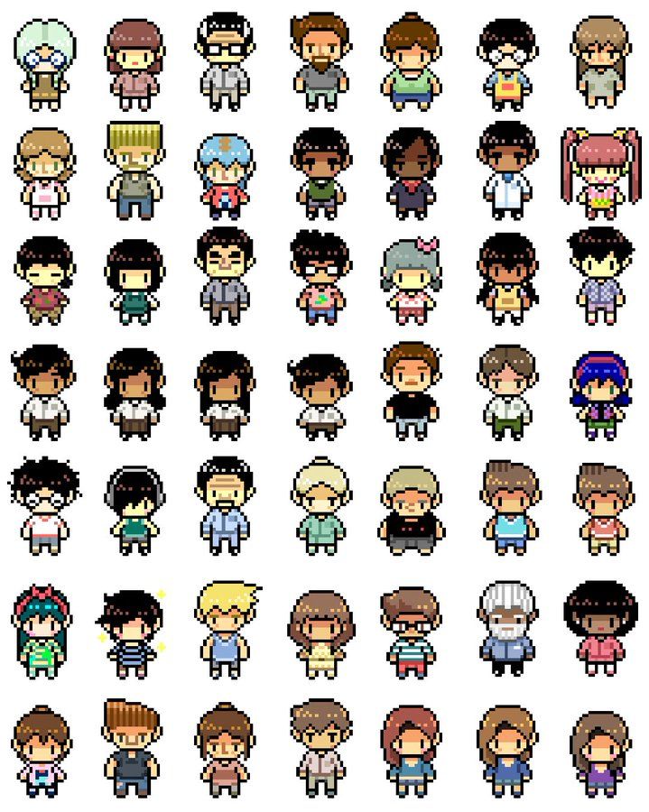 an image of pixel art style characters in different colors and sizes, all with different hair styles