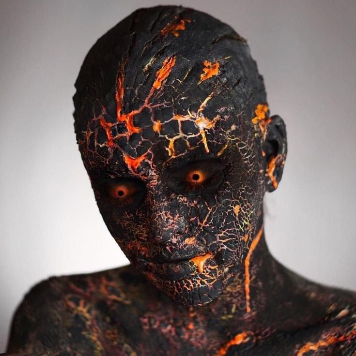 Special Fx Halloween Makeup, Vampire Sfx Makeup, Fire Halloween Makeup, Metalcore Makeup, Black And Orange Makeup, Fire Inspired Makeup, Special Fx Makeup Ideas, Dragon Makeup Look, Makeup Teaching