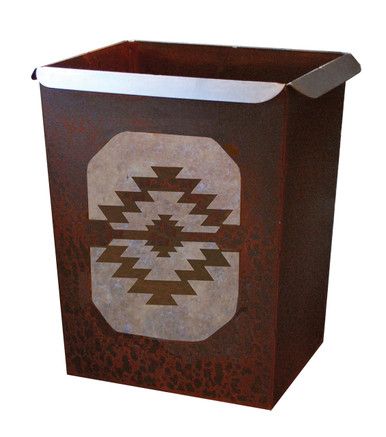 a brown trash can with a southwestern design on the front and sides, sitting upright