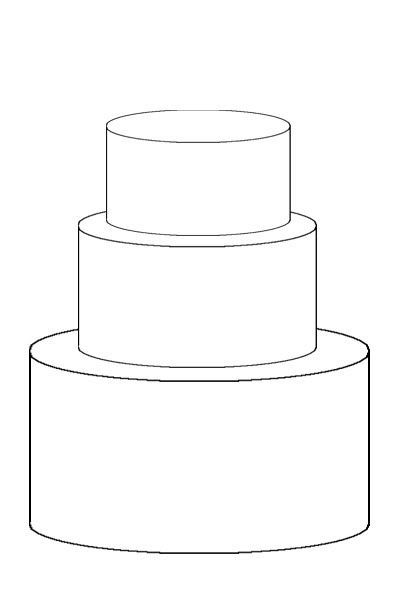 a three tiered cake sitting on top of a white tablecloth covered pedestals