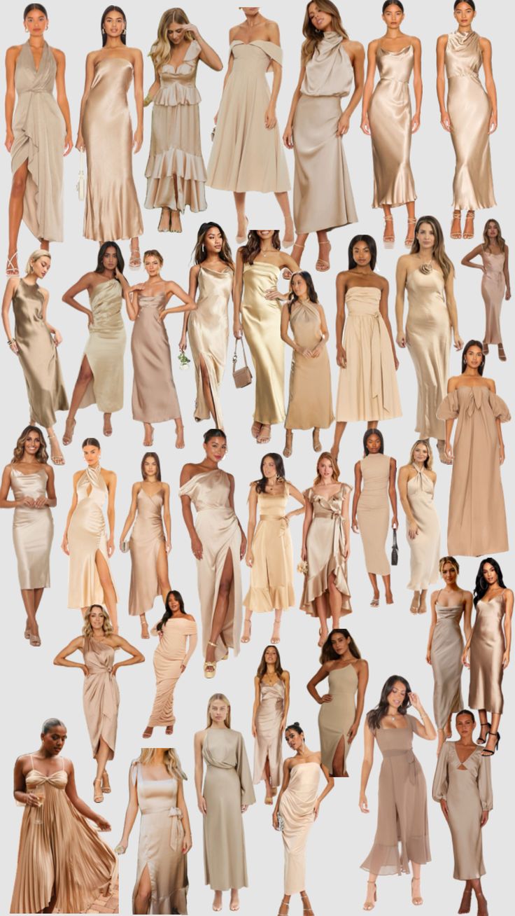 many different types of women in dresses and shoes, all dressed in beige or champagne