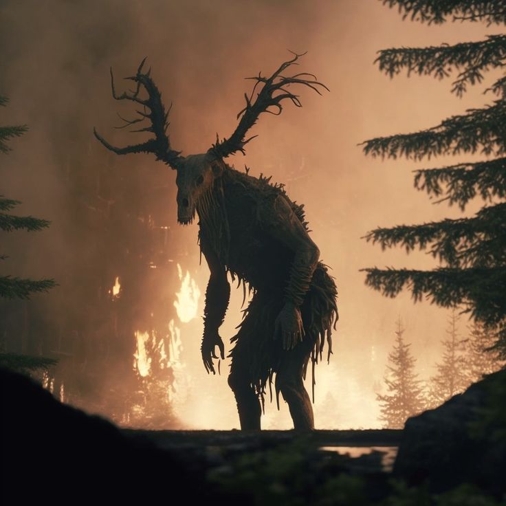 Dark Figure Art, Monster In Woods, Wendigo Aesthetic, Branch Antlers, Forest God, Dark Creatures, Leaves And Branches, Glowing Eyes, Cosmic Horror