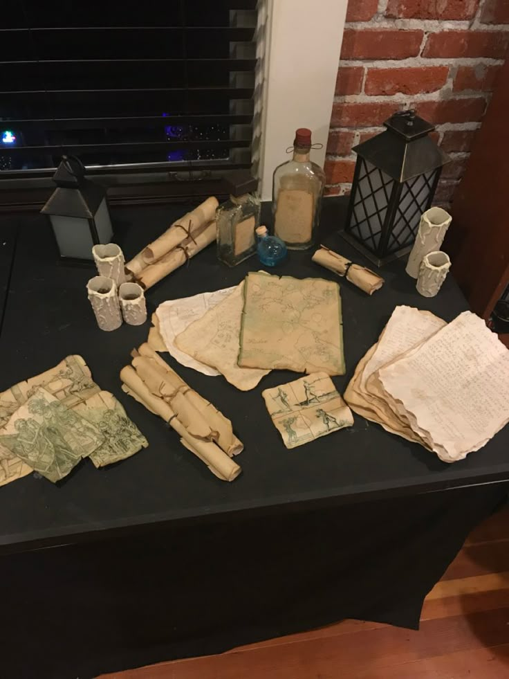 an assortment of ancient artifacts on a table