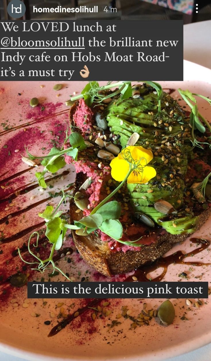 a plate that has some food on it with words in the middle and an image of flowers