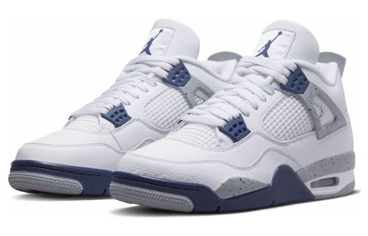 Introducing the Air Jordan 4 Retro White Midnight Navy — the perfect blend of classic and modern. Built for quality and comfort, this timeless sneaker boasts a durable upper constructed from white leather, equipped with black support Wings and Jumpman branding on the heel tab. Woven tongue tags feature an additional Jumpman icon in bright crimson for a fresh update. The cushioning midsole combines two-tone polyurethane with encapsulated Air technology in the forefoot and a visible unit in the he Jordan 4’s, Jordan Sneaker, Dr Shoes, Jordan Model, Jordan 4s, Jordan Shoes Retro, Cute Nike Shoes, Jordan Sneakers, Jordan 4 Retro