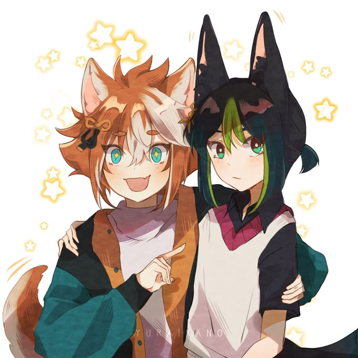 two anime characters are hugging each other with stars in the sky behind them and one is wearing a cat costume