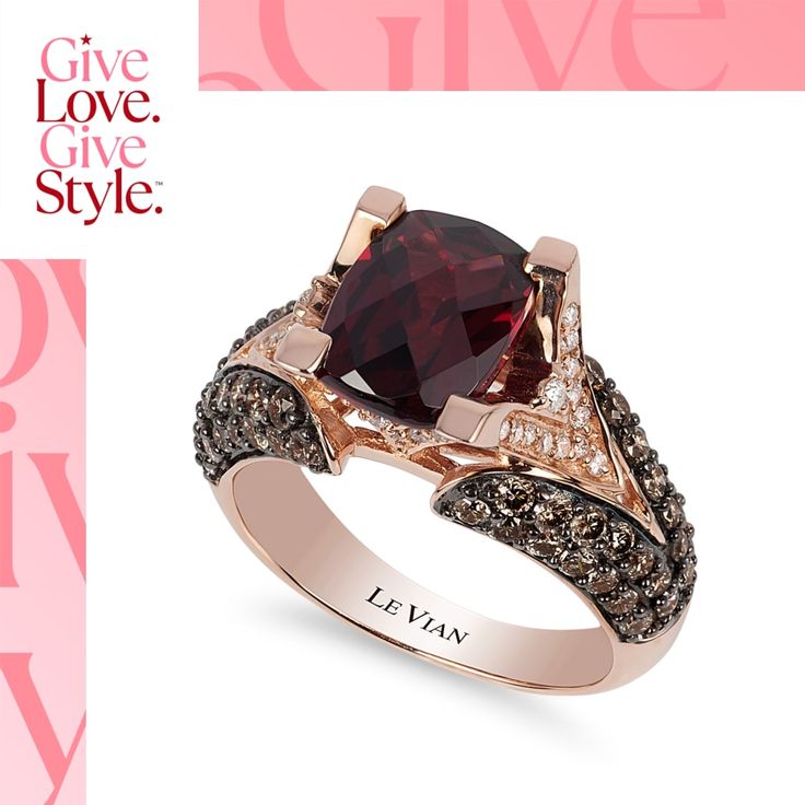 a red and brown diamond ring on top of a pink background with the words give love, give style