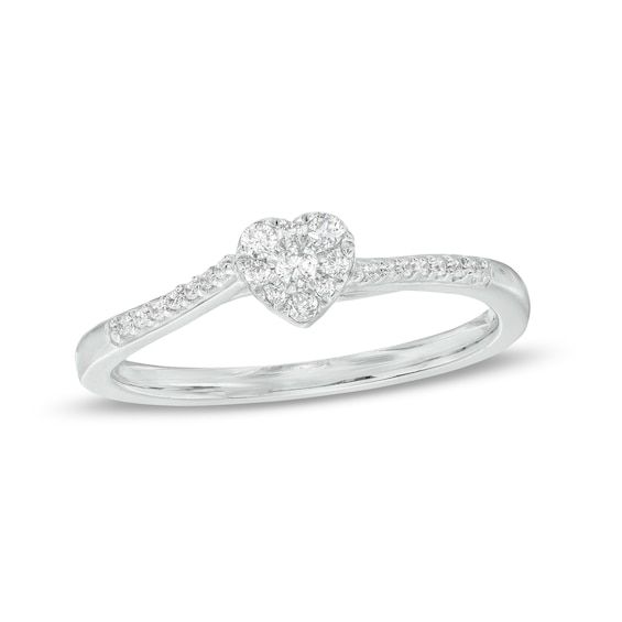 Share your heart through the sweet details of this darling diamond promise ring. Crafted in sterling silver The playful heart-shaped composite sparkles with multi-sized diamonds. Diamond-lined ribbons along the shank subtly curve at the center. This 1/6 ct. t.w. diamond ring adds a cute touch to any look. Promise Rings Cheap Simple, White Diamond Heart Ring With Halo Setting, White Diamond Heart Cut Ring, White Heart Ring With Halo Setting For Promise, Sterling Silver Heart Promise Ring, Valentine's Day Solitaire Diamond Ring, Heart Shaped Diamond Ring For Promise, White Diamond Ring With Prong Setting And Heart Shape, White Heart-shaped Diamond Ring With Prong Setting