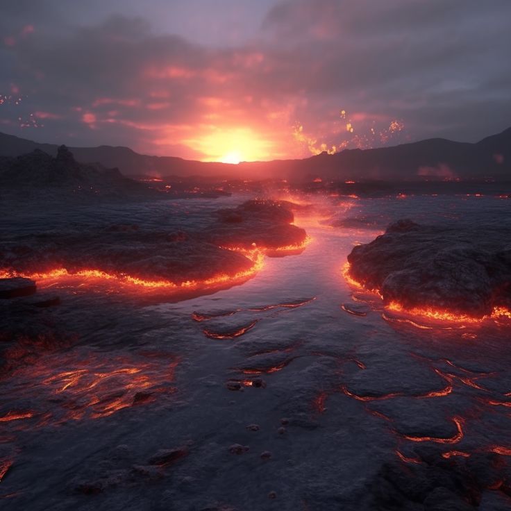 the sun is setting over an ocean with rocks and lava in the foreground,