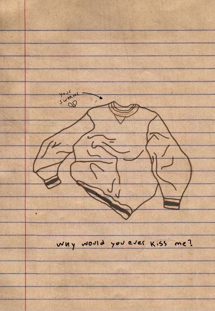 a drawing of a sweater on lined paper with words written in the bottom right corner