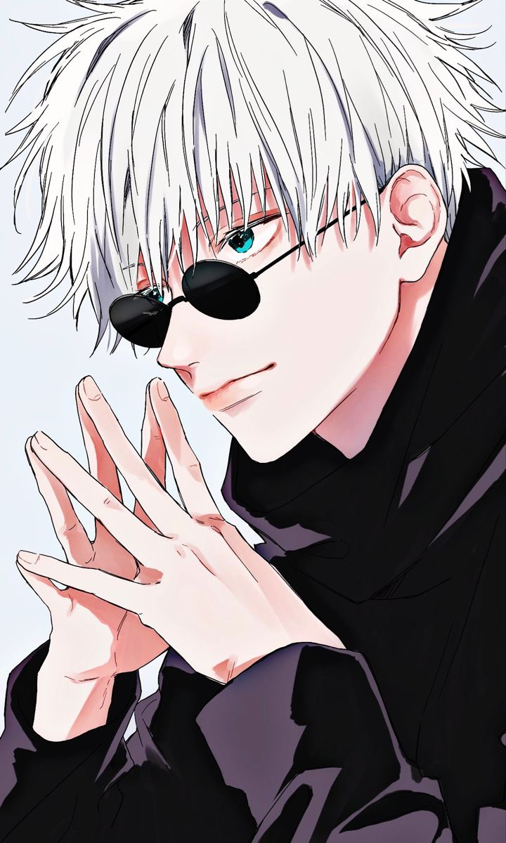 an anime character with white hair and glasses holding his hand to his face while looking at the camera