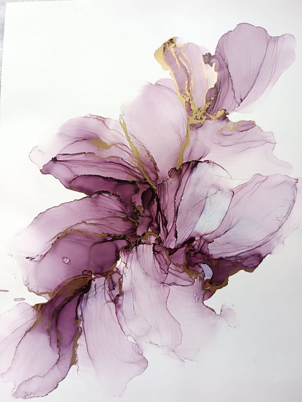 an abstract painting of purple flowers on a white background