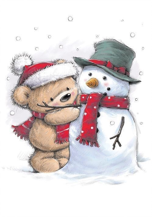 a drawing of a teddy bear hugging a snowman wearing a santa hat and scarf