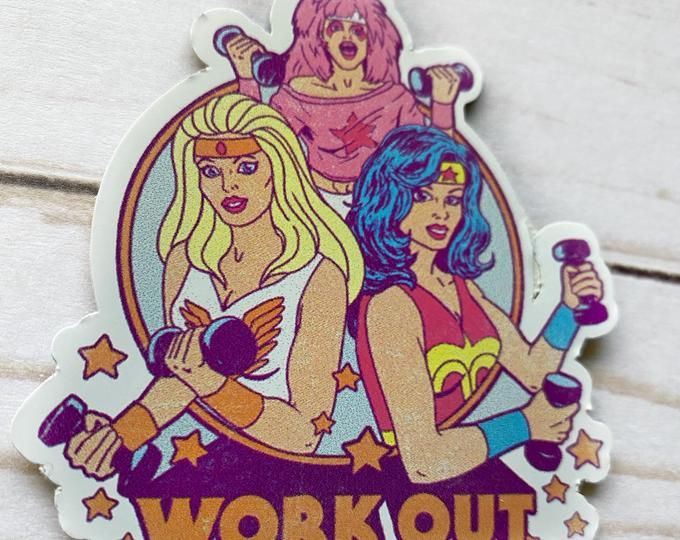 a sticker with the words workout and two women holding dumbbells on it