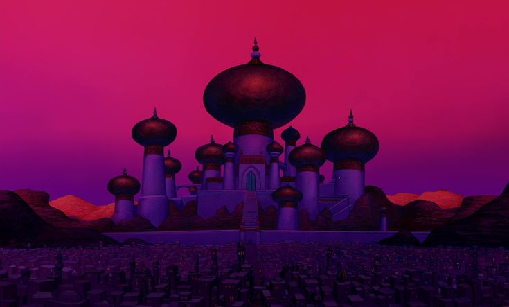 a painting of a building with many domes on it's sides and a pink sky in the background