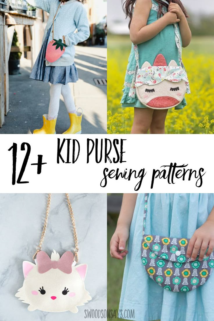 kids purse sewing patterns with text overlay that reads, 12 kid purse sewing patterns