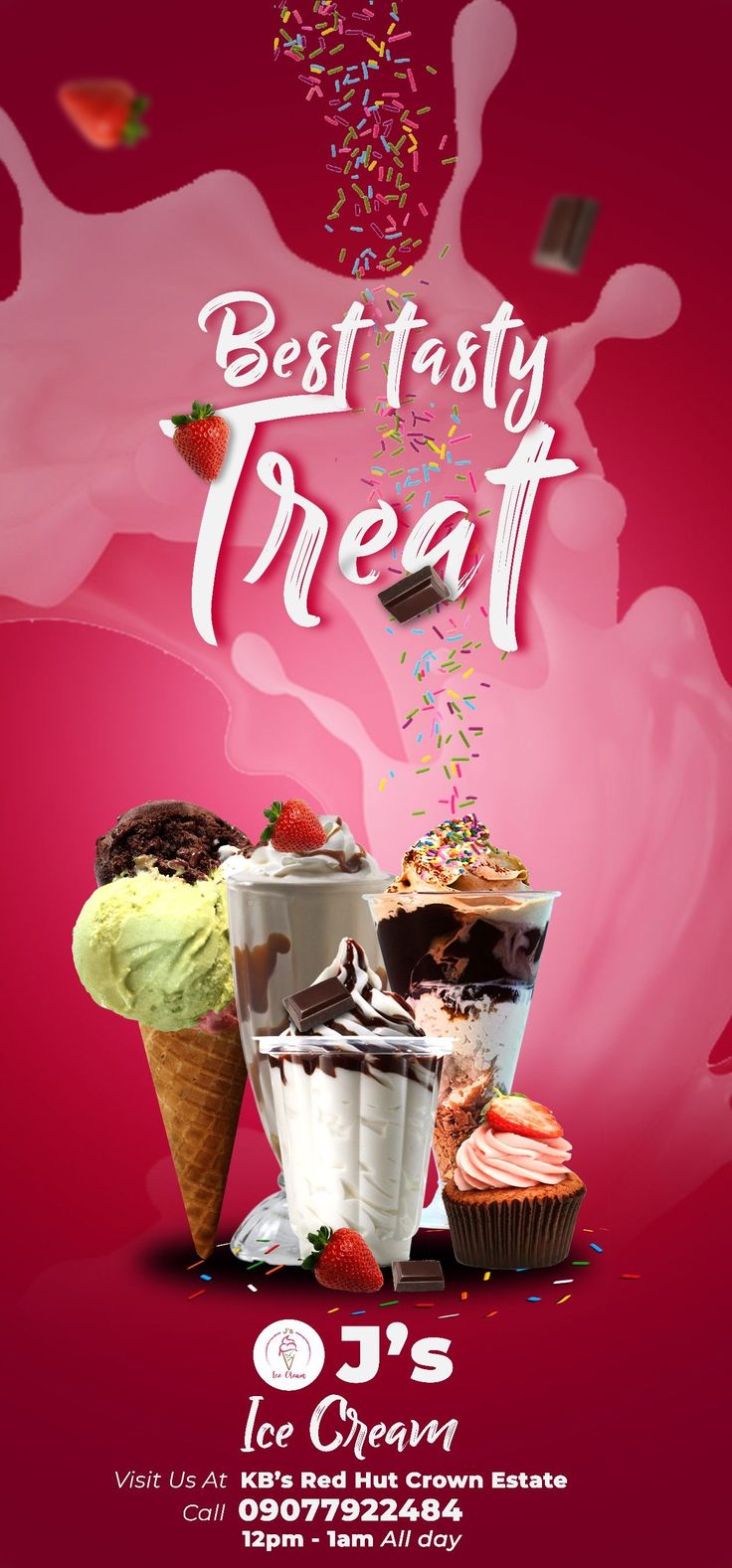 an advertisement for the ice cream shop with different types of desserts and cupcakes