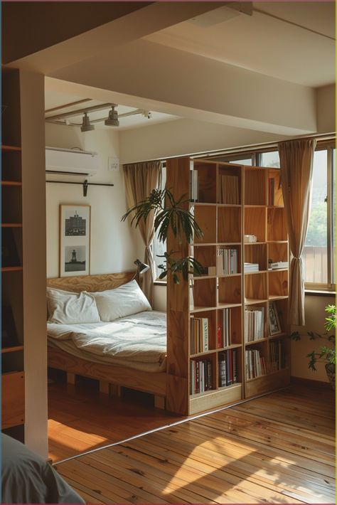 an open book shelf in the corner of a room with a bed and bookshelf