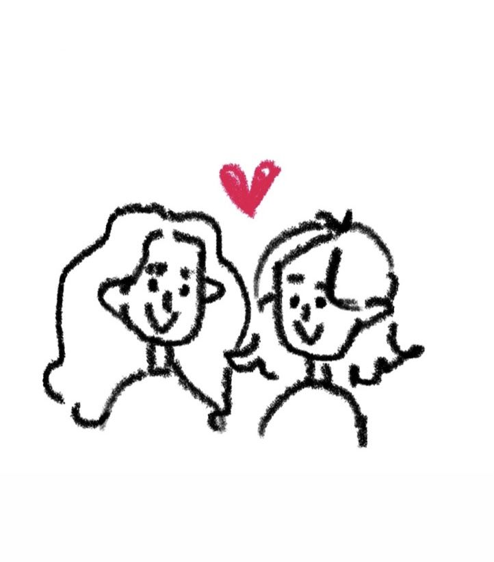 a drawing of two people facing each other with a red heart above them on a white background