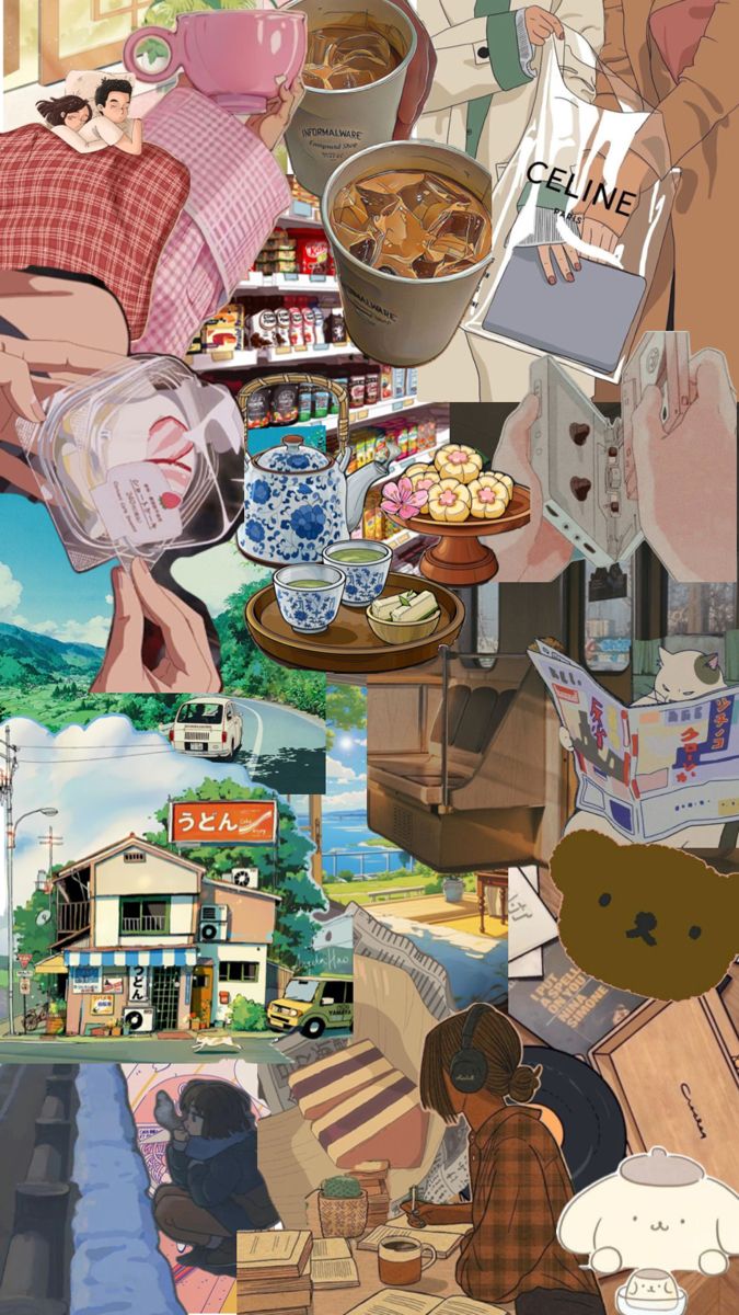 a collage of pictures with people and food items in the foreground, on top of them