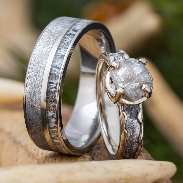 Matching His and Hers Meteorite Ring Set His And Her Ring Set, His And Her Rings Wedding, Men’s Wedding Bands Meteorite, Mens Silver Wedding Ring, Dream Jewelry Rings, Unique Wedding Rings White Gold, Cowgirl Wedding Ring, Fantasy Wedding Ring Set, Engagement And Wedding Ring Sets Unique