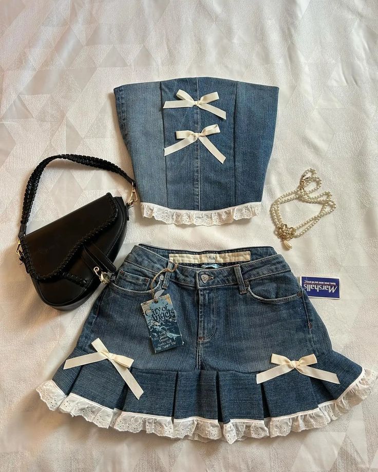 TAVIMART - Y2K New Denim Two Piece Womens Harajuku Goth Light Blue Bow Sleeveless Tube Tops Mini Skirt Lace Hip Hip Skirt Cute Casual Suits Top SizeS: Bust 79 length 30 M: Bust 83length 31L: Bust 87 length 32XL: Bust 90 length 33XXL: Bust 93 length 34 Skirt Size S Waist:66cm Hips:88cm Length:31cm M Waist:70cm Hips:92cm Length:31cm L Waist:74cm Hips:96cm Length:32cm XL Waist:78cm Hips:100cm Length:32cm XXL Waist:82cm Hips:104cm Length:33cm Top SizeS: Bust 79 length 30 M: Bust 83length 31L: Bust 8 Denim Two Piece, Harajuku Goth, Casual Suits, Hip Skirt, Tube Tops, Hip Hip, Blue Bow, Really Cute Outfits, Girly Outfits