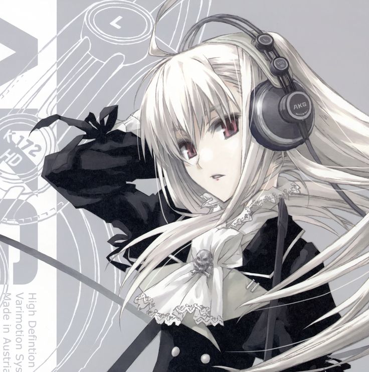 an anime character with headphones and long white hair, holding a pair of scissors