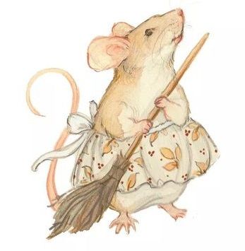 a watercolor painting of a mouse with a broom