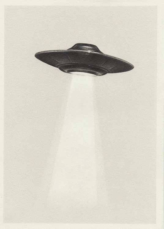 an image of a black and white drawing of a flying saucer in the sky