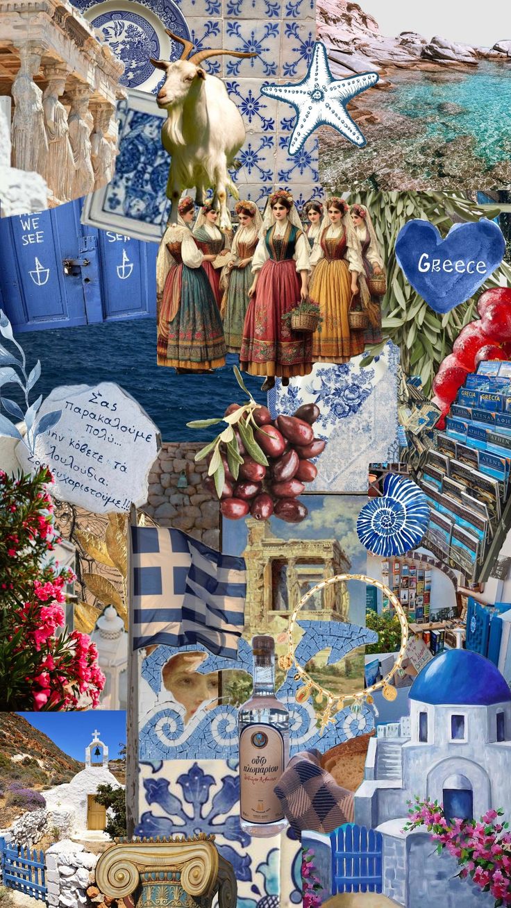 a collage of blue and white images with flowers, buildings, and other items