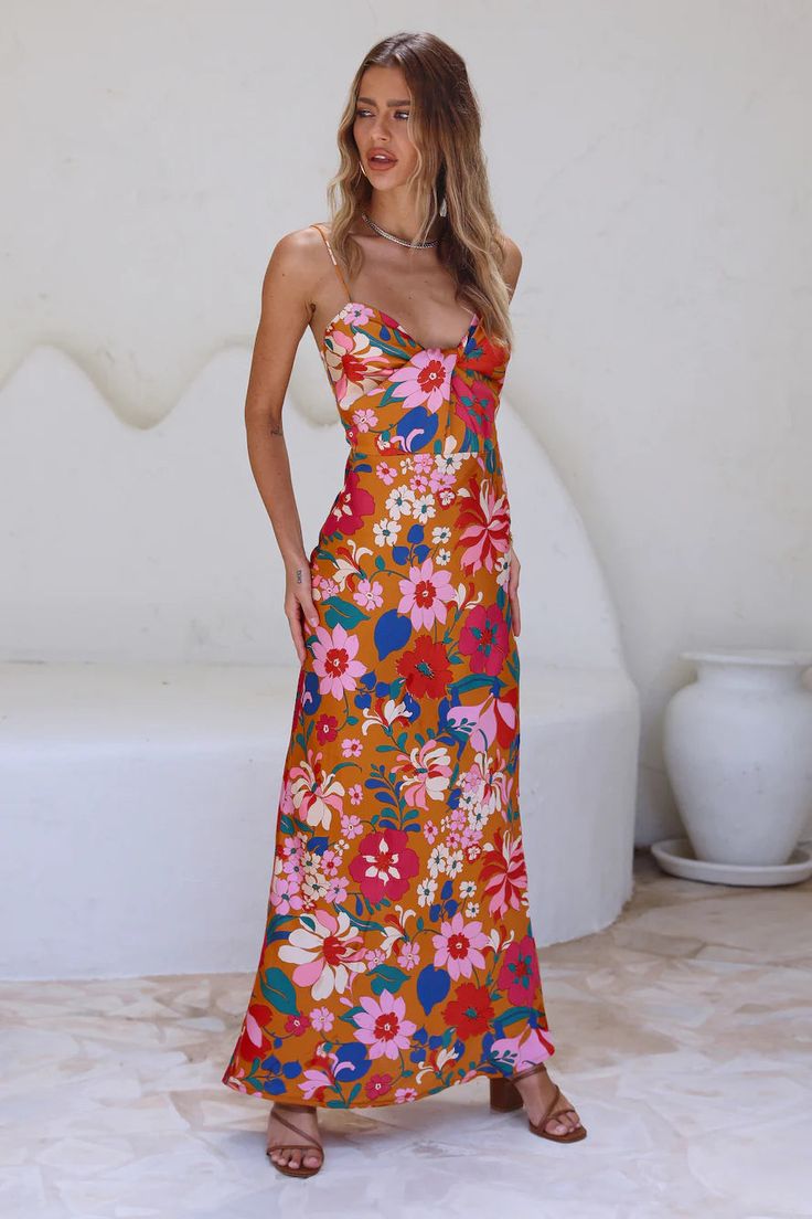 Orange Floral Maxi Dress Adjustable Spaghetti Straps Satin Material Twist Bust Detail Back Slit Material: 100% Polyester Dry Clean Only Maxi Floral Dress, Bandeau Maxi Dress, Orange Twist, Dinner Event, My Muse, Fitted Maxi Dress, Strapless Maxi, Dress Orange, Soft Curls