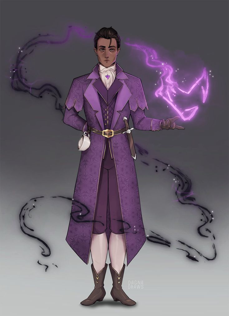 a drawing of a man dressed in purple and holding his hand out to the side