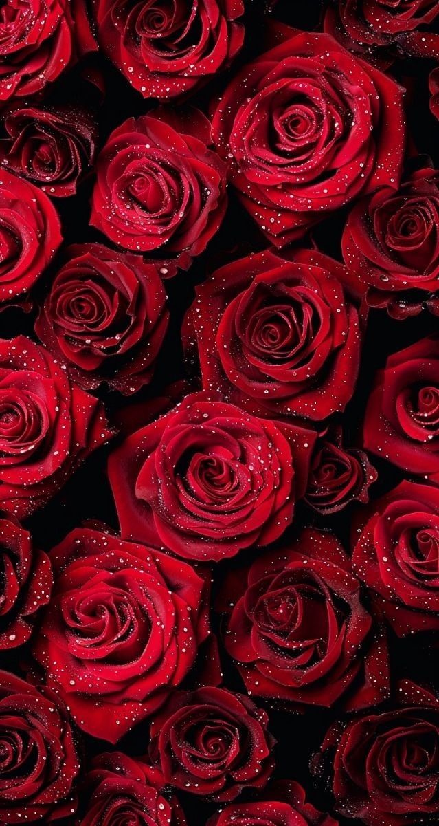 red roses with water droplets on them are arranged in a close up pattern, as well as the background