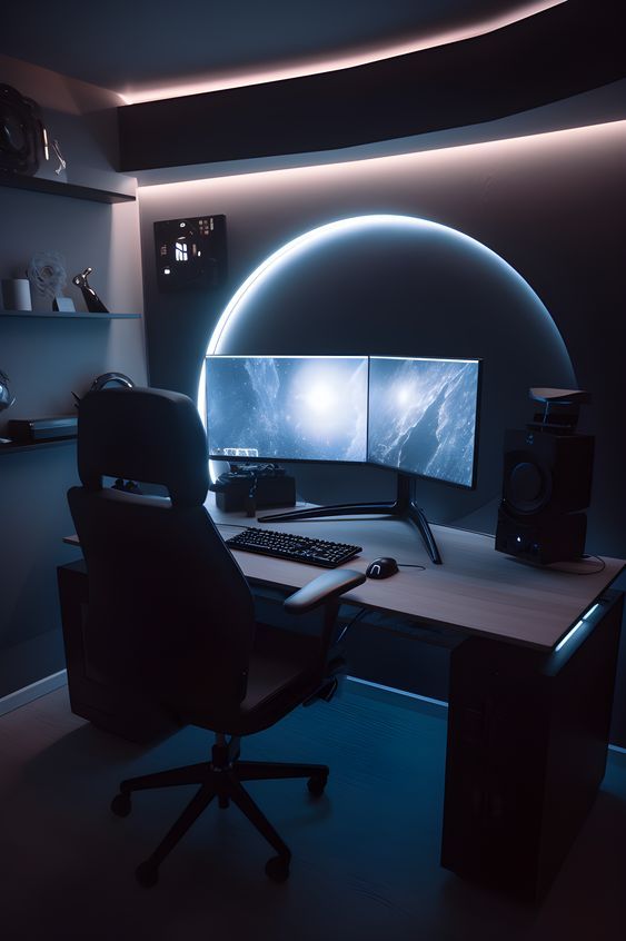 a computer desk with a monitor and keyboard on it in a room lit up by lights