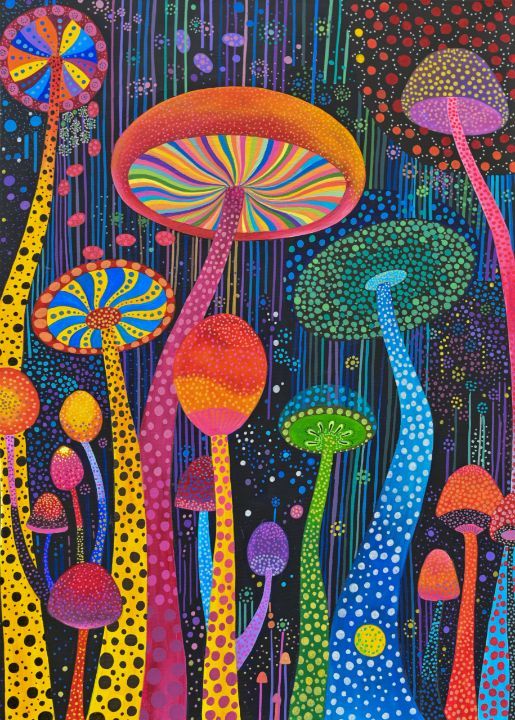 a painting of many different colored mushrooms