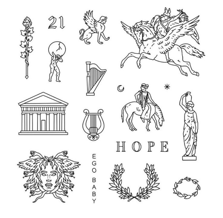 the stamps are designed to look like ancient greek art and symbols, including an eagle, a horse, a woman with a staff