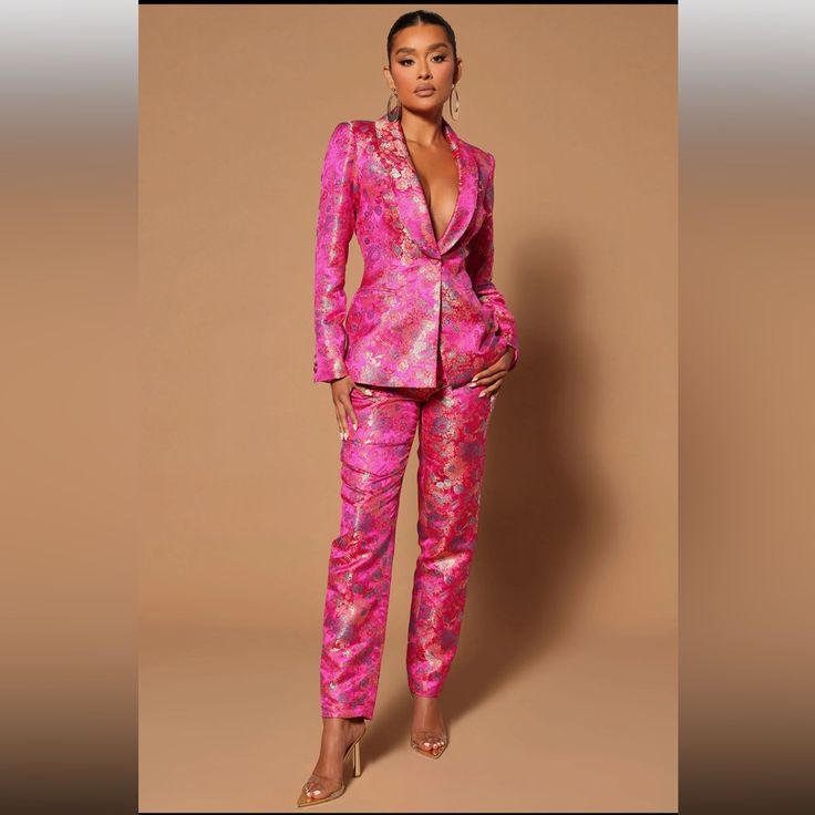 Fashion Nova / Novaluxe 2 Piece Pink Embroidered Print Pants Suit (Nwt) Size: Large / Item# 880-20 Pink Festive Workwear Sets, Festive Pink Workwear Sets, Festive Pink Straight Pants, Fitted Pant Set For Workwear And Festive Occasions, Pink Long Sleeve Festive Pant Set, Festive Pink Long Sleeve Pant Set, Festive Long Sleeve Pink Pant Set, Chic Pink Sets For Festive Occasions, Festive Chic Pink Sets