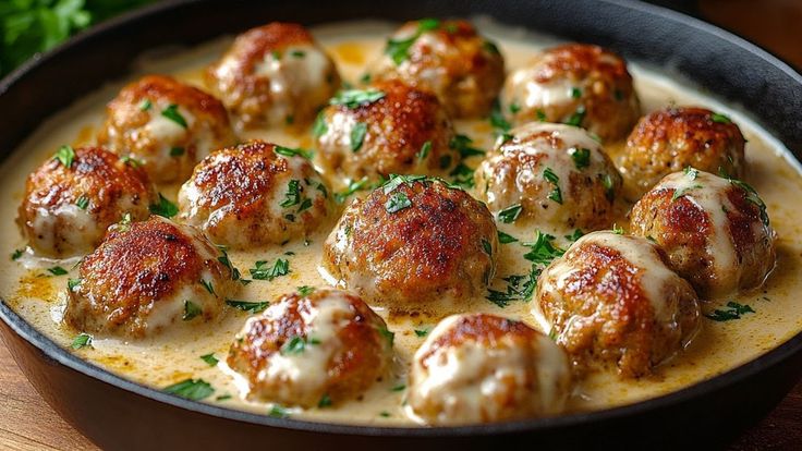 a pan filled with meatballs covered in sauce and garnished with parsley