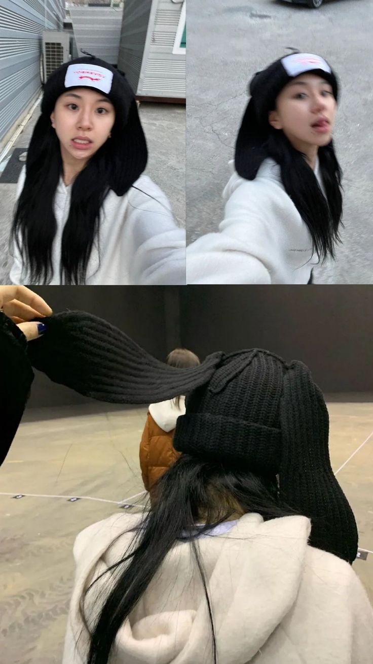 two pictures of a woman with long hair wearing a beanie