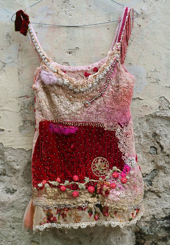 Strawberries and champagnebohemian romantic hand by FleursBoheme Shabby Chic Outfits, Angel Top, Textile Collage, Sculptural Fashion, Shabby Chic Clothes, Jean Skirts, Breakfast And Brunch, Altered Couture, Mode Boho