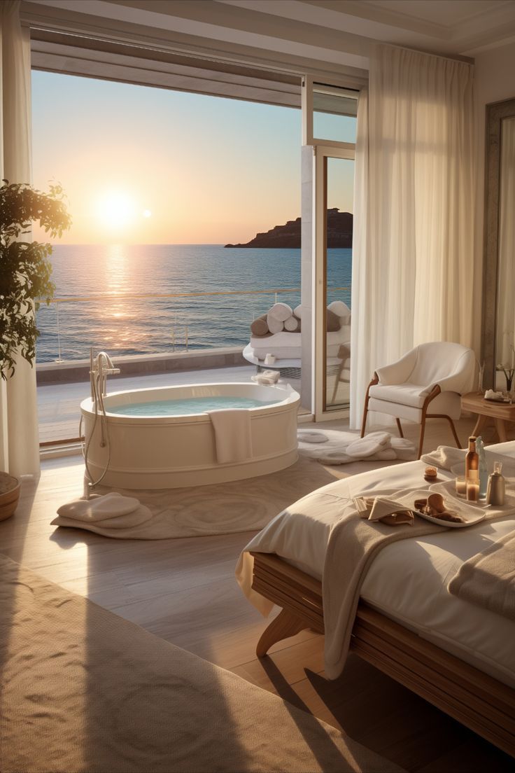 a bedroom with a large jacuzzi tub overlooking the ocean at sunset or sunrise