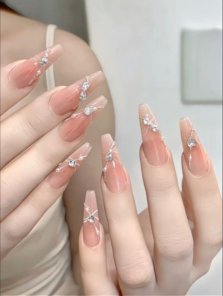 #aesthetic #nails Asian Nails, Hard Nails, Blush Nails, Nail Swag, Luxury Nails, Fancy Nails, Chic Nails, Long Acrylic Nails, Rhinestone Nails