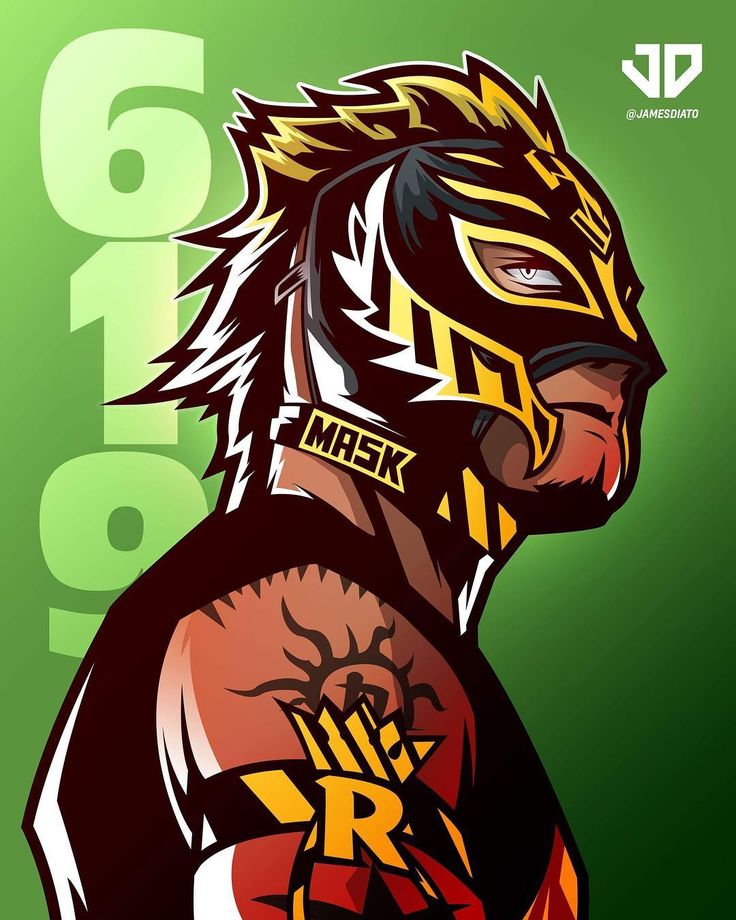 an illustration of a wrestler with the number six on his face and numbers behind him