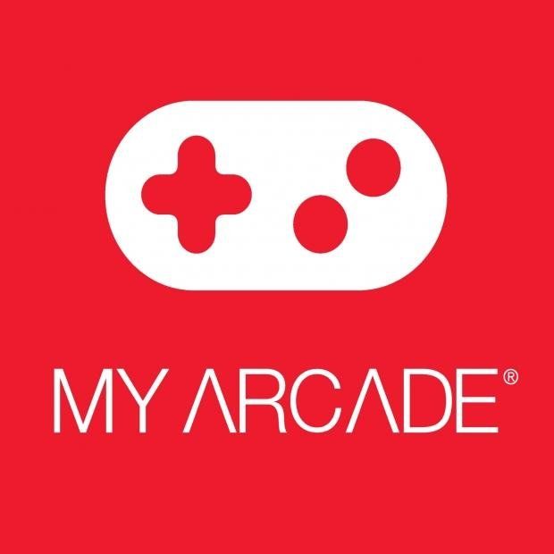 the logo for my arcade on a red background