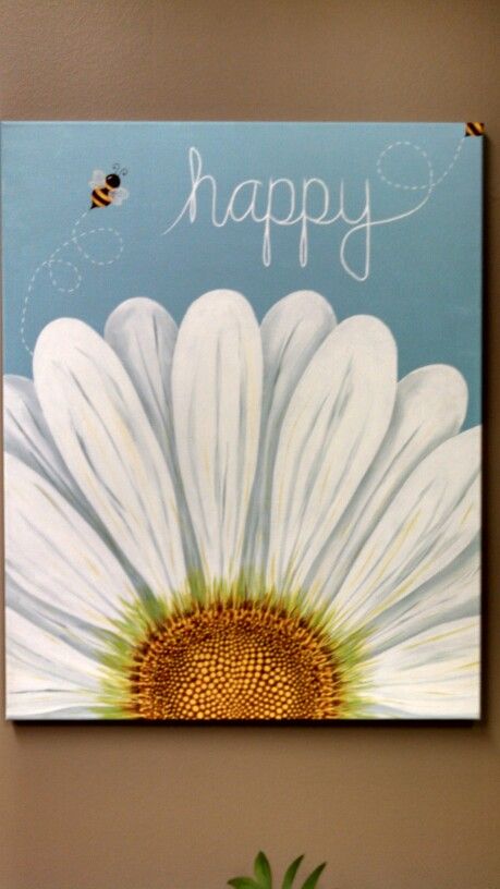 a painting of a white daisy with a bee on it and the words happy written in cursive writing