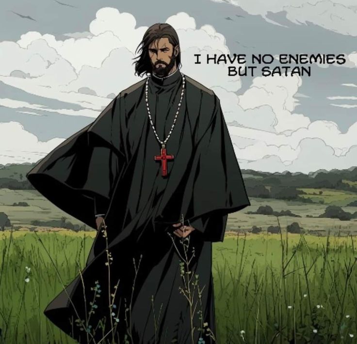 a man standing in a field with a cross on his chest and the words i have no enemys but batman